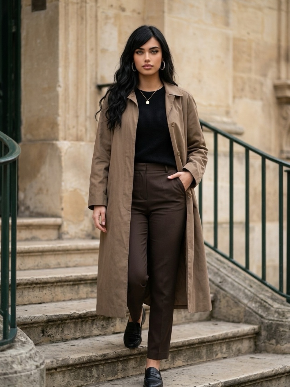 London Fog Taupe Trench with Black Top and Brown Trousers